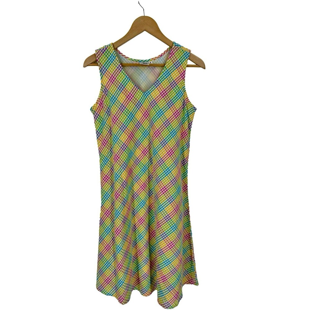 Parsley & Sage Plaid Rainbow Seersucker Dress Sleeveless Jumper Size S Easter